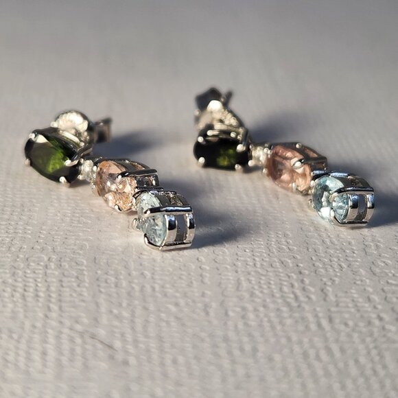 VTG NIB 925 Tourmaline Multi-Gem Dangle Drop Stud Earrings Signed 1" - Picture 2 of 14